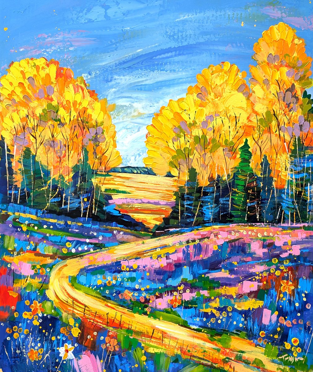 Abstract Landscape Acrylic Painting By Trayko Popov, 33 X 39", Golden Sunset, Original Artwork