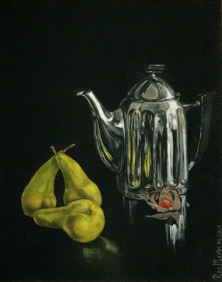 Photorealistic Oil Painting , Chrome & Pears By Marina Deryagina, 16 X 20, Artwork For Sale On Artfinder