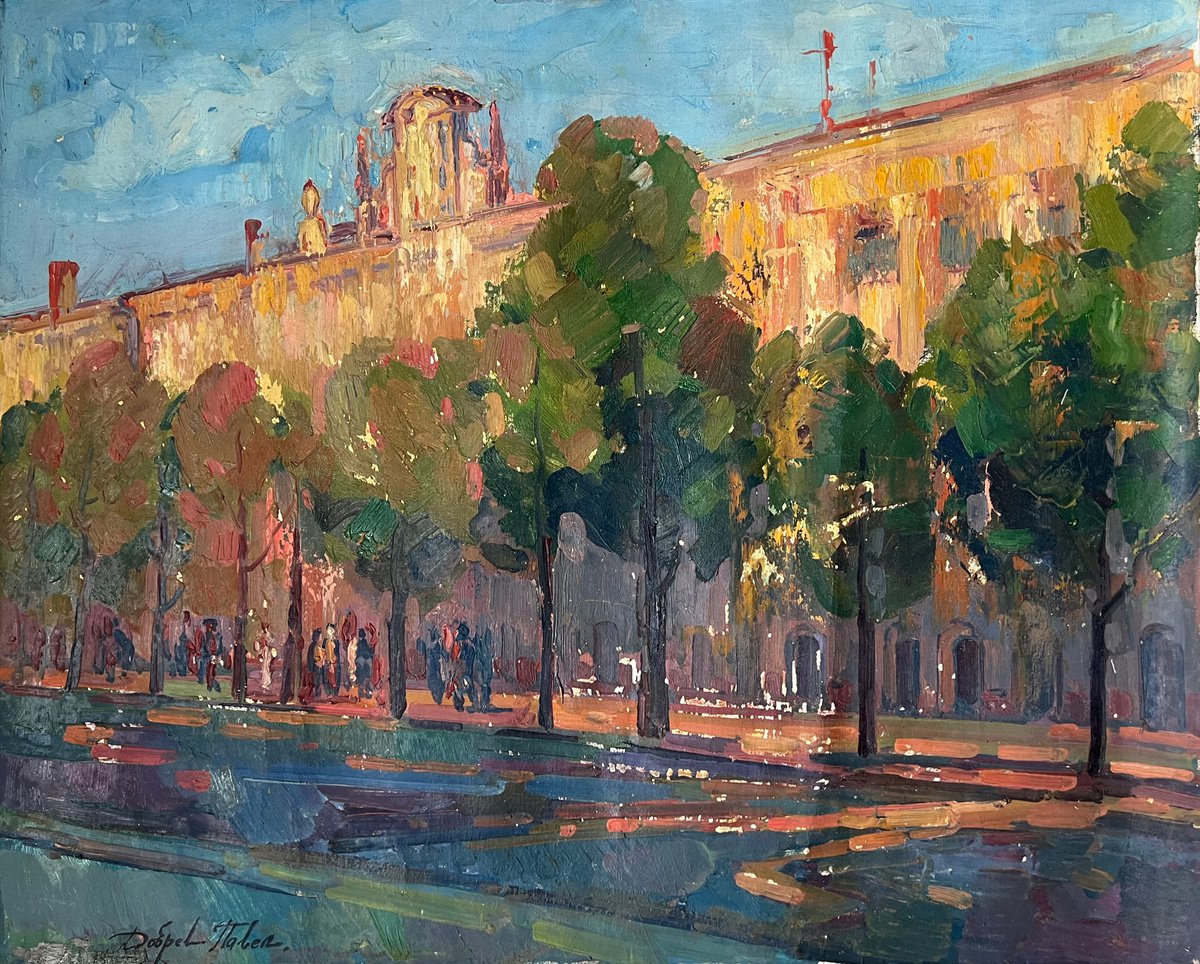 Impressionistic Landscape Oil Painting By Peter Tovpev, 26 X 31", Evening In The City, Original Artwork