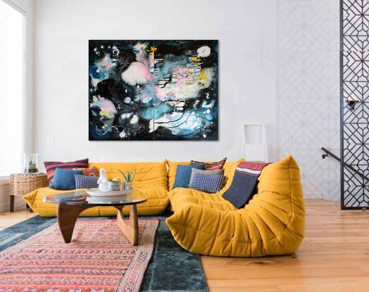 Abstract Acrylic Painting By Veljko Martinovic, 45 X 35", Large Diptych 115X90 My Sky, Original Artwork
