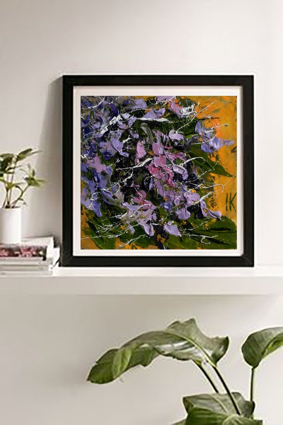 Lilac Painting Floral Original Art Flower Small Oil Impasto Artwork Home Wall Art 6 by 6" by Halyna Kirichenko