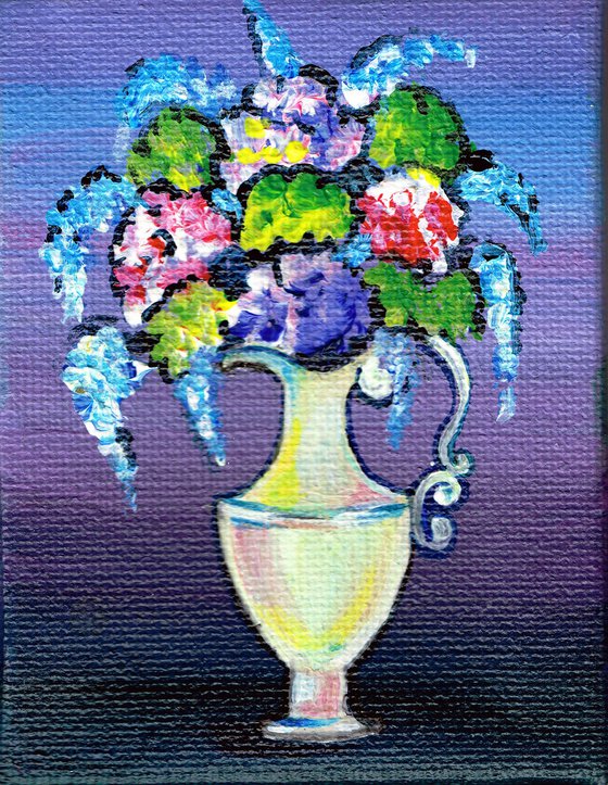 Flowers in white vase, original acrylic miniature painting, still life N3