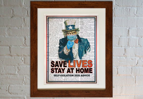 Save Lives, Stay at Home - Collage Art Print on Large Real English Dictionary Vintage Book Page