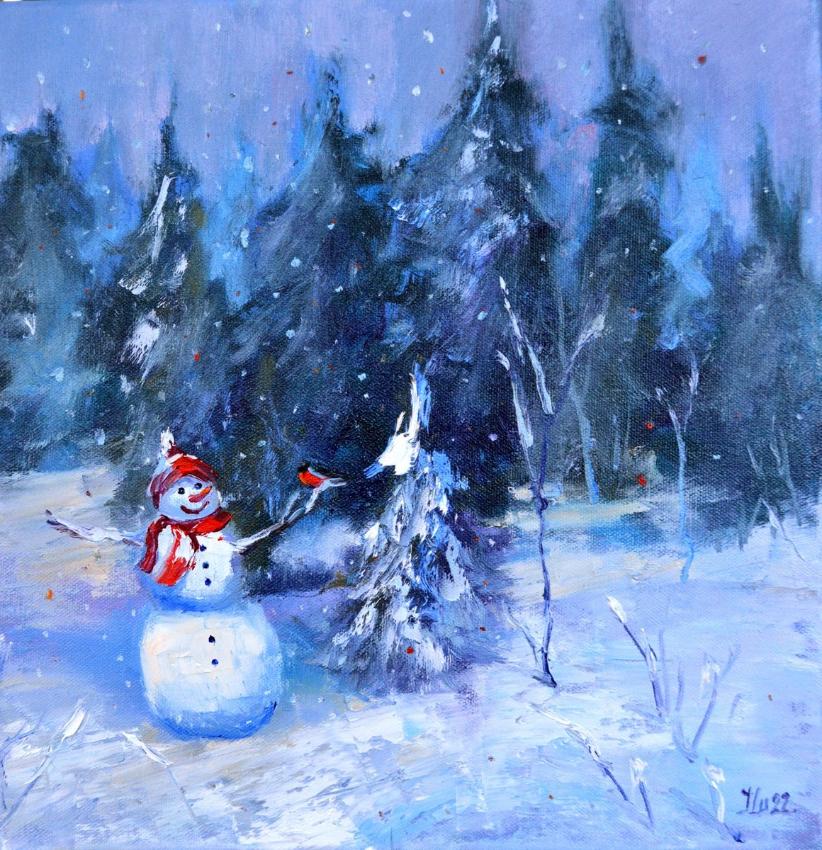 Impressionistic Landscape Oil Painting By Elena Lukina, 12 X 12, Snowman And Christmas Trees, Original Artwork