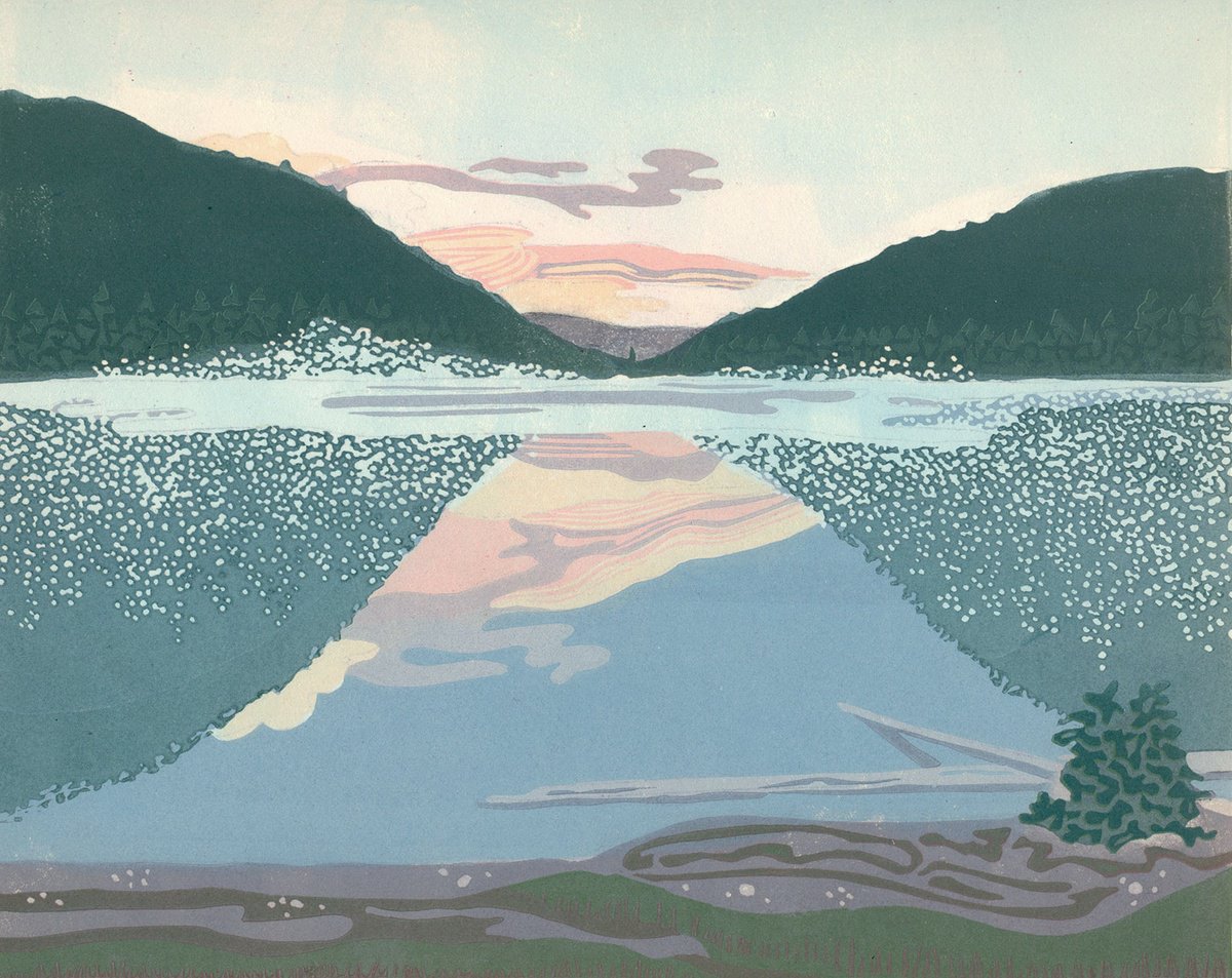 Landscape Linocut By Kate Goetz, 13 X 11", Jewel Lake, Original Artwork