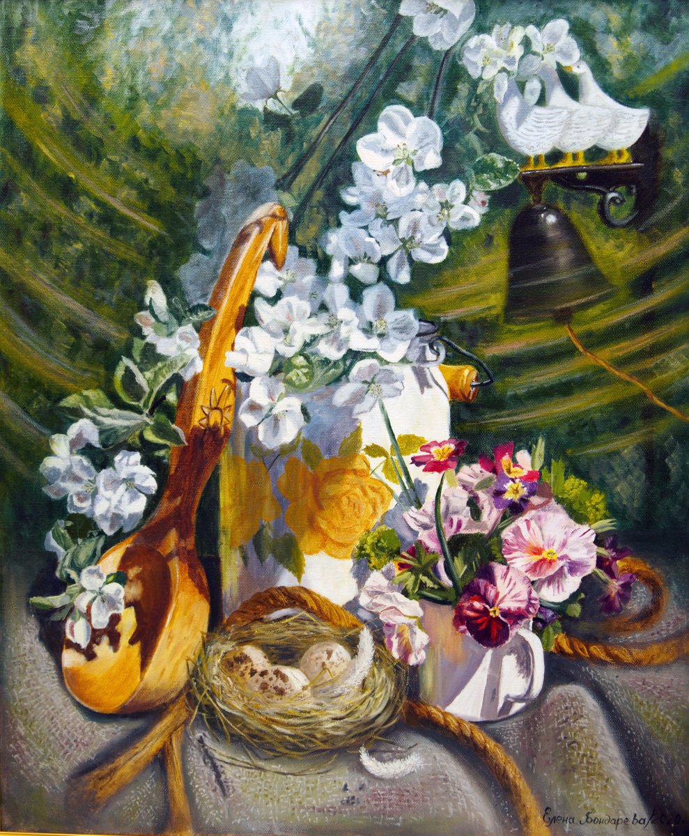 Spring chime - oil painting, home decor, original gift, spring mood, pansies, nest, bell by Elena Bondareva