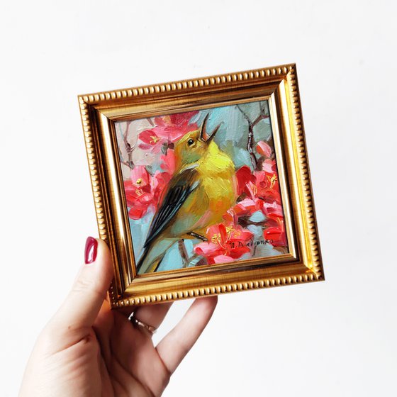 Original yellow bird painting original oil 4x4, Singing bird on blossom branch art painting framed, Small painting gift for music teacher