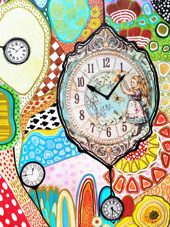 Alice in Wonderland - original fine art, fantasy fairy tale cartoon artwork, vivid colorful mixed media collage abstract painting