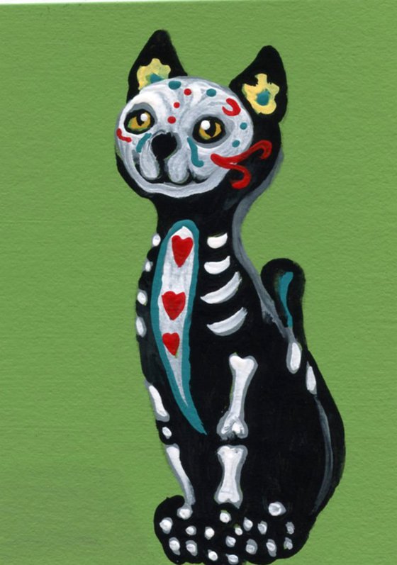 ACEO ATC Original Day of the Dead Sugar Skull Painting Black Cat Pet Art-Carla Smale