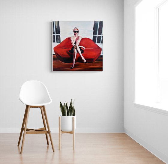 LIPS SOFA - oil painting on canvas, red lips, woman, gaze, sex, erotics, body shapes, white, red, sunglasses, office art, wall art
