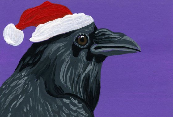 ACEO ATC Original Miniature Painting Christmas Crow Raven Bird Wildlife Art-Carla Smale