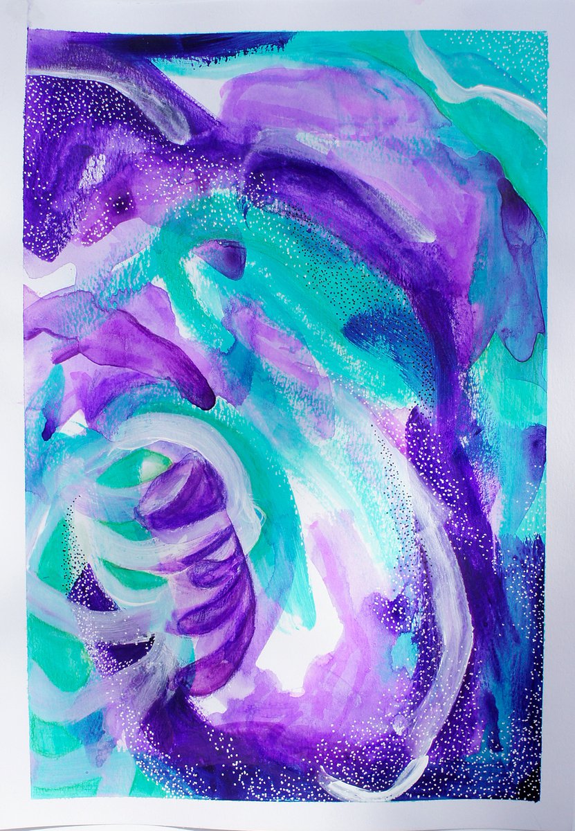 Aqua and Purple 1 - painting on A4 paper by Bex Parker