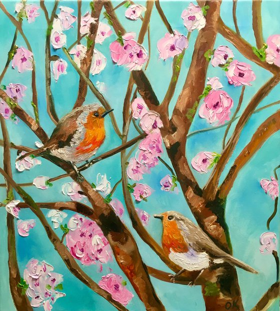 Spring songs, singing red breasted robins, spring in London, white, pink, bloom, oil painting