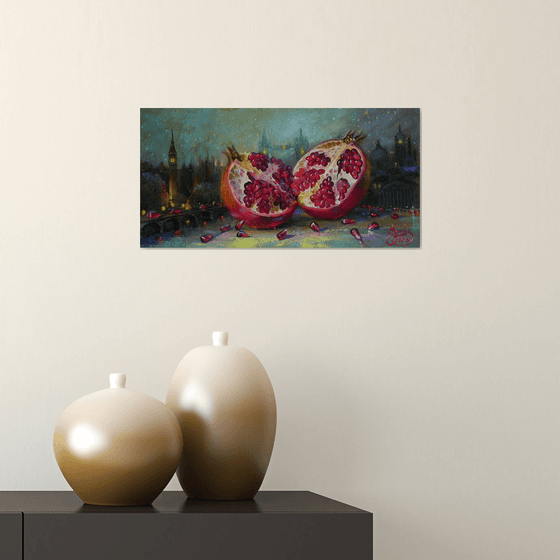 "City pomegranate" Original art Oil on canvas Contemporary home decor