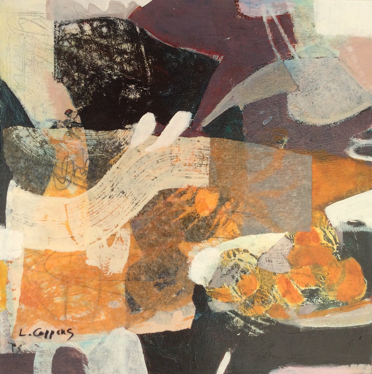 Abstract Still Life Acrylic Painting By Linda Coppens, 12 X 12", Table For Two, Original Artwork