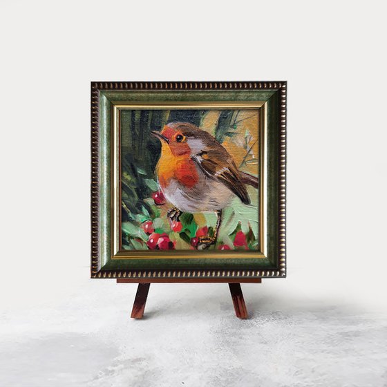 Robin bird on brunch art painting, Miniature painting 4x4 bird painting original, Gift for dad, Christmas day gift