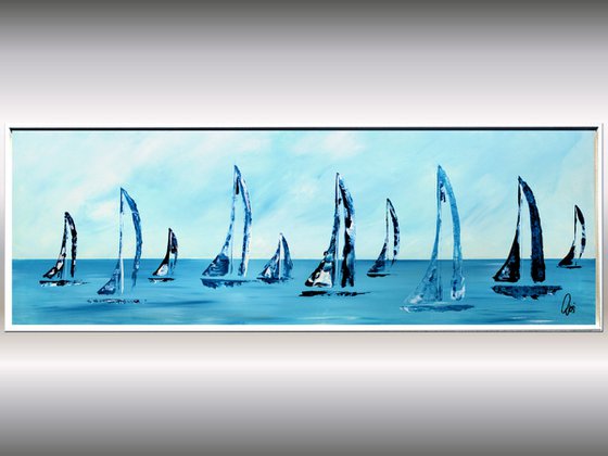 On Water - acrylic abstract painting sailboat painting framed canvas wall art