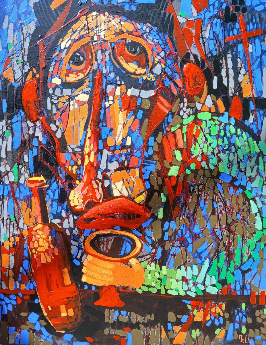Abstract Portrait Acrylic Painting By Davit Arstamyan, 28 X 35, The Drunkard, Original Artwork