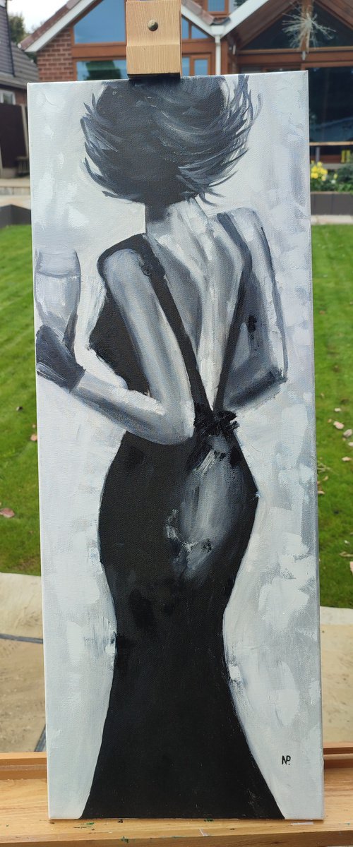 Lady in black, original impressionistic oil painting, gift idea, monochrome art by Nataliia Plakhotnyk