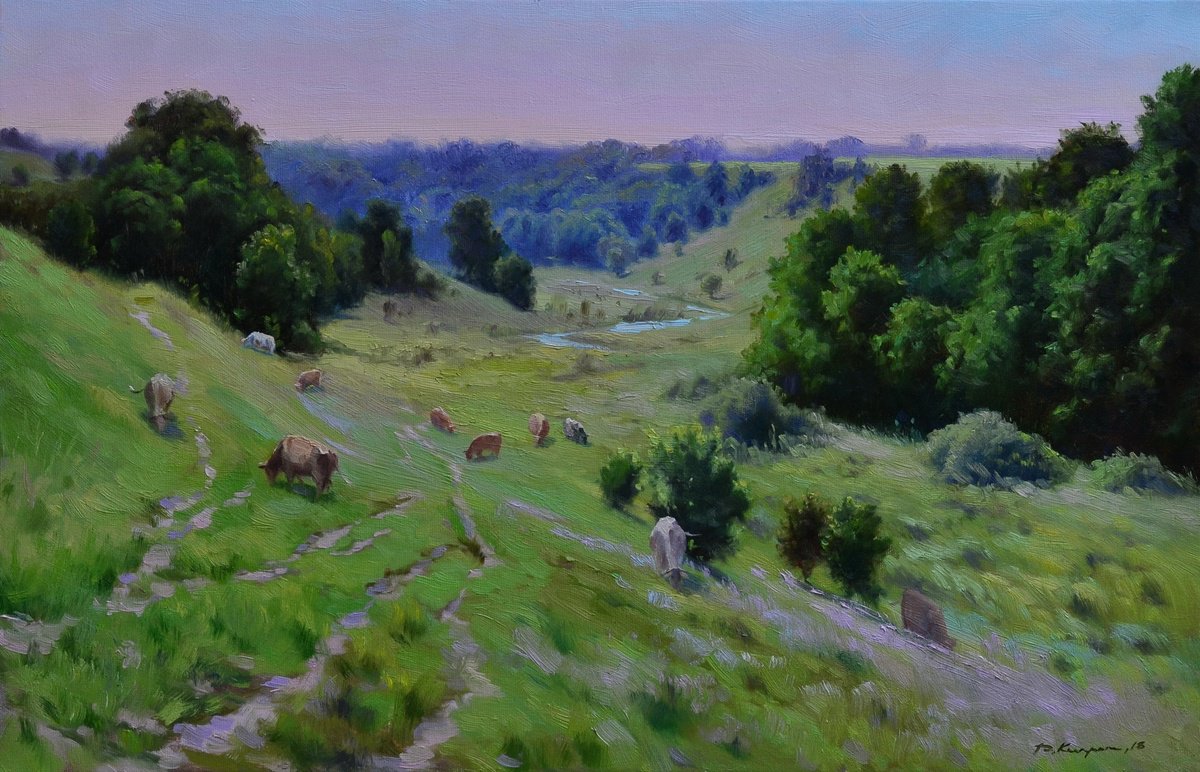 Impressionistic Landscape Oil Painting By Ruslan Kiprych, 28 X 18", Pasture, Original Artwork