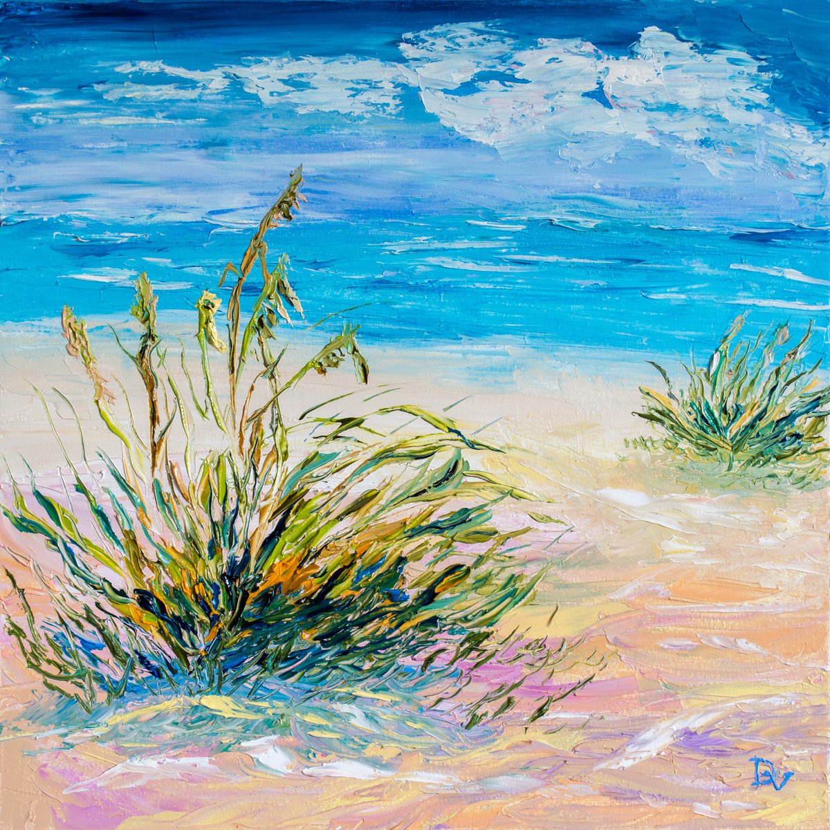 Impressionistic Landscape Oil Painting By Vladyslav Durniev, 16 X 16", Grass On The Shore, Original Artwork