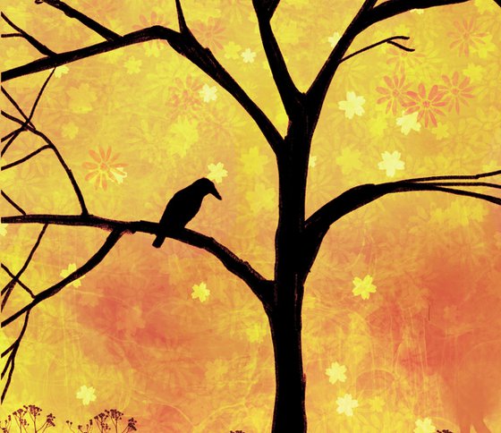 In the orange grove, cute bird tree artwork