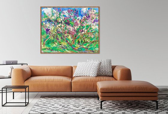 Lilac Garden - floral landscape, large original oil painting
