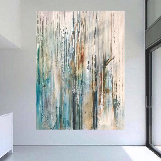 Modern interior design XXL painting, green, mint, blue, black, white, turquoise