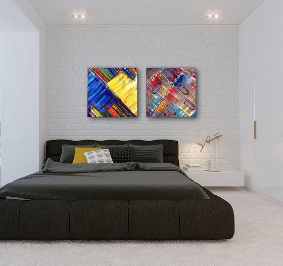 "Are We So Different?" - FREE USA SHIPPING - Save As A Series - Unique PMS Geometric Oil Painting Diptych On Canvas - 40" x 20"