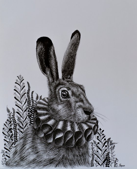 Black and white pen drawing, cute rabbit in clothes.