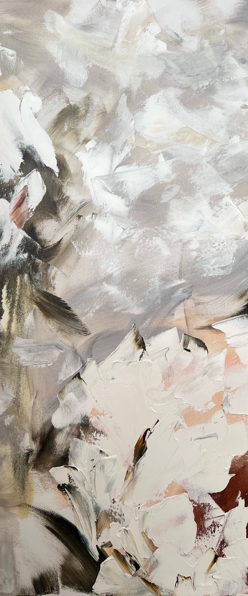 Beige abstract flower - peonies interior art, delicate abstract 3D brush strokes. by Marina Skromova