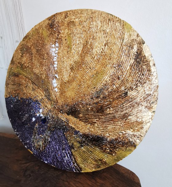 Round sun painting  of Gold and Lilac Christmas art