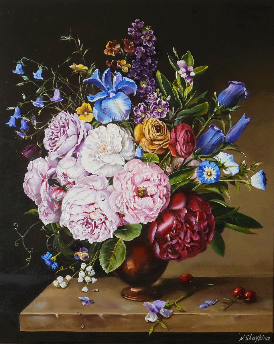 Photorealistic Oil Painting , Peony And Iris Bouquet By Natalia Shaykina, 16 X 20, Artwork For Sale On Artfinder