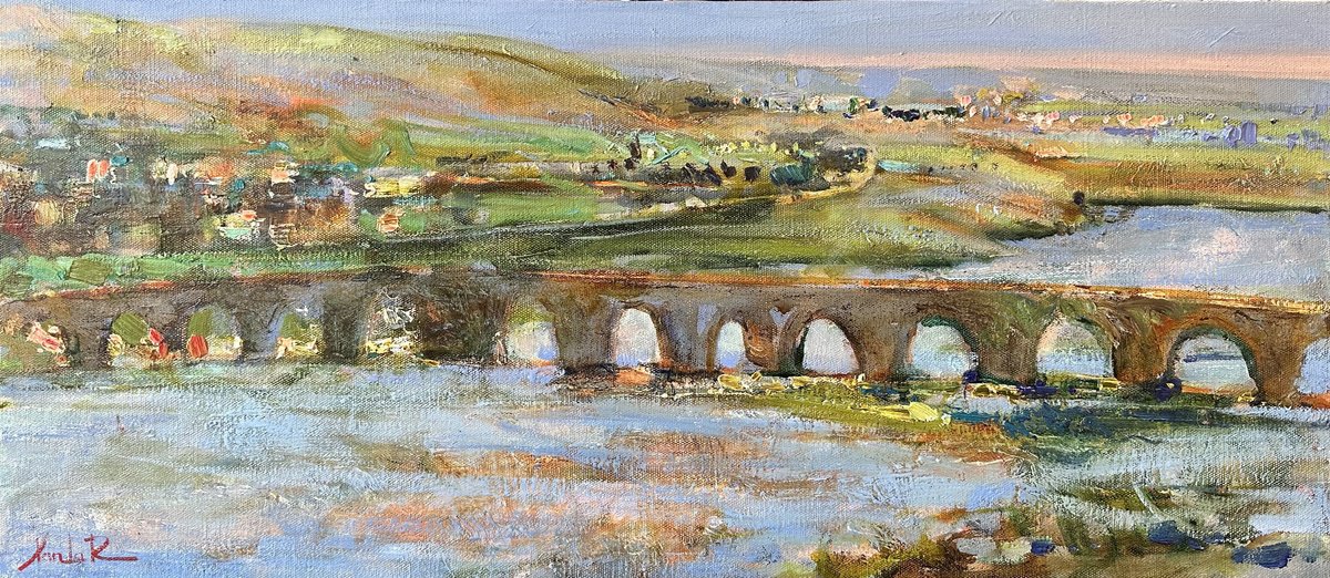 Landscape Oil Painting By Khanlar Asadullayev, 35 X 16", Khudafarin Bridges, Original Artwork