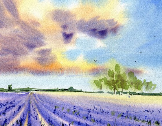 Lavender field original watercolor painting with Provance landscape, lavender flowers art