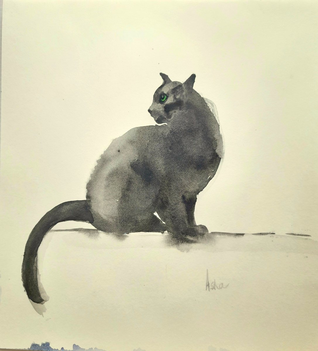 Impressionistic Watercolour , The Black Cat On The Wall By Asha Shenoy, 10 X 11, Artwork For Sale On Artfinder