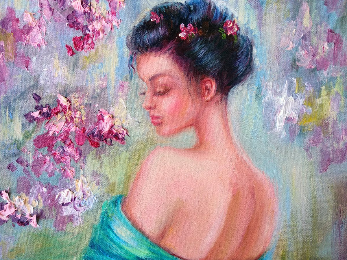 Woman Portrait Blooming Garden Spring Flowers Beautiful Girl Ready to Hang by Anastasia Art Line