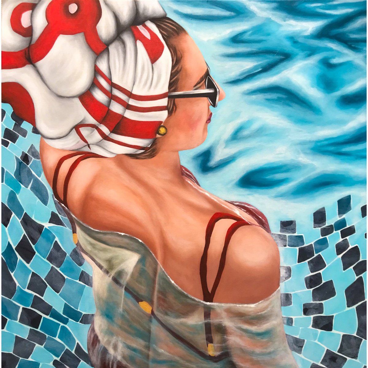 Photorealistic Portrait Acrylic Painting By Christina Bilbili, 31 X 31, Woman In Swimming Pool, Original Artwork