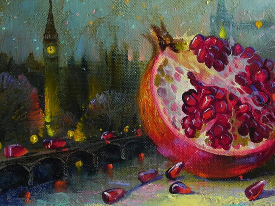 "City pomegranate" Original art Oil on canvas Contemporary home decor