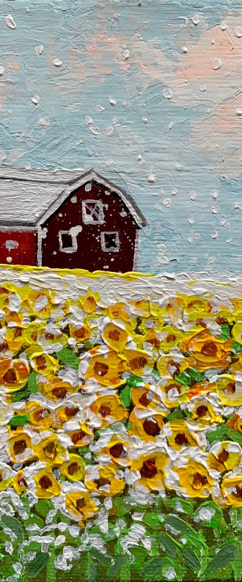 Sunflowers in snow! Miniature canvas painting by Amita Dand