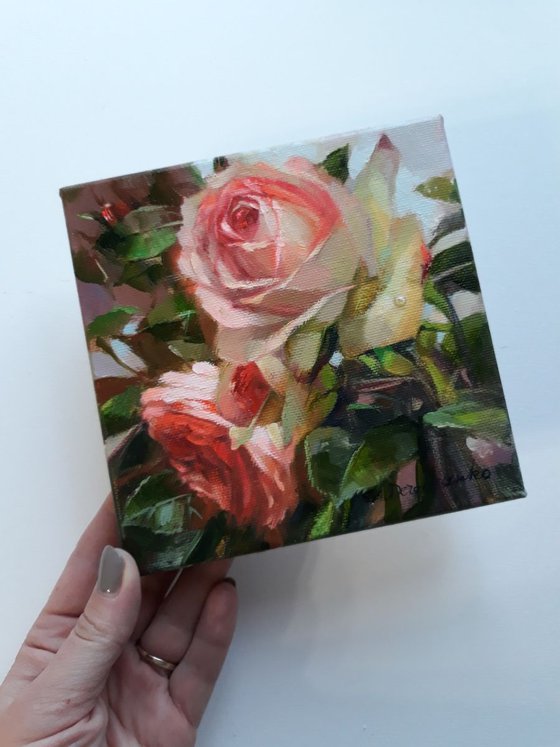 Roses flowers garden, floral oil painting on canvas