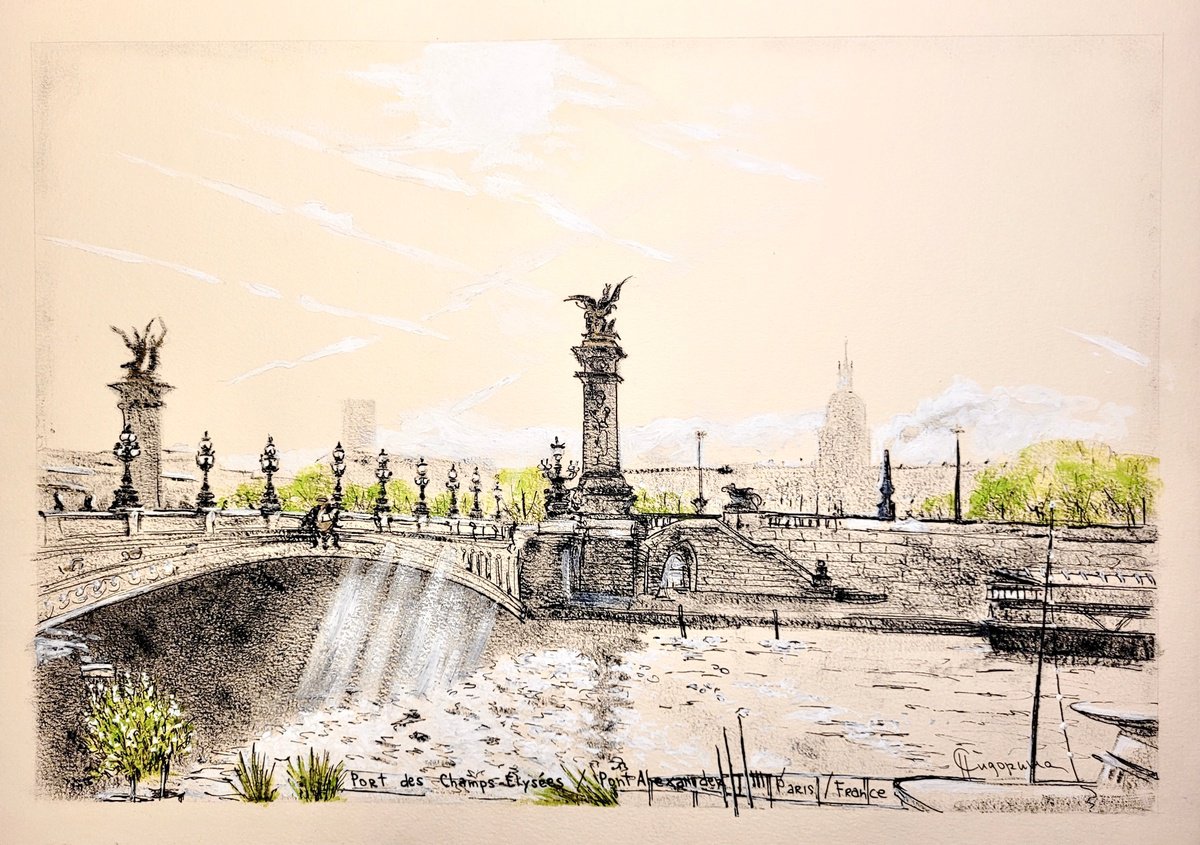 Graphic Landscape Drawing By Natalia Sidorina, 17 X 12", Pont Alexander Iii, Paris, Original Artwork