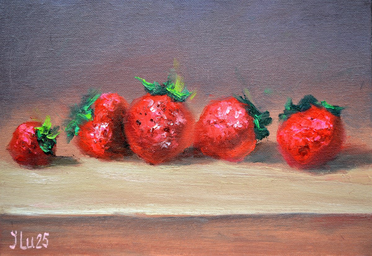 Expressive Still Life Oil Painting By Elena Lukina, 12 X 8, Strawberries, Original Artwork