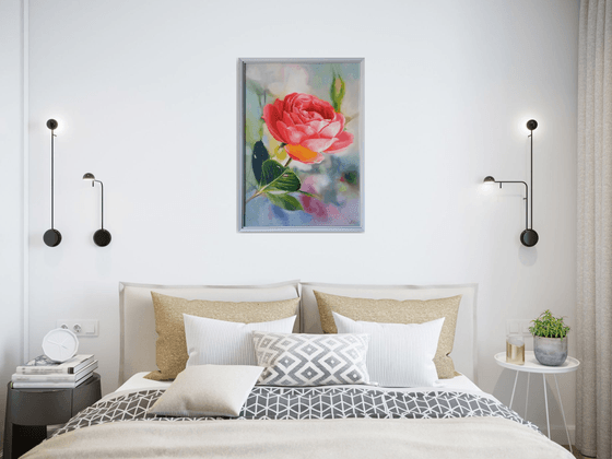 "In the morning in the garden.  "  rose red flower  liGHt original painting  GIFT (221)