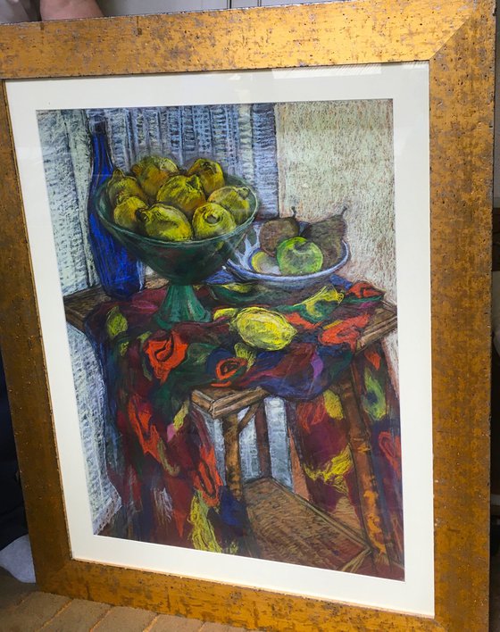 Rustic still life with Lemons and a colourful scarf