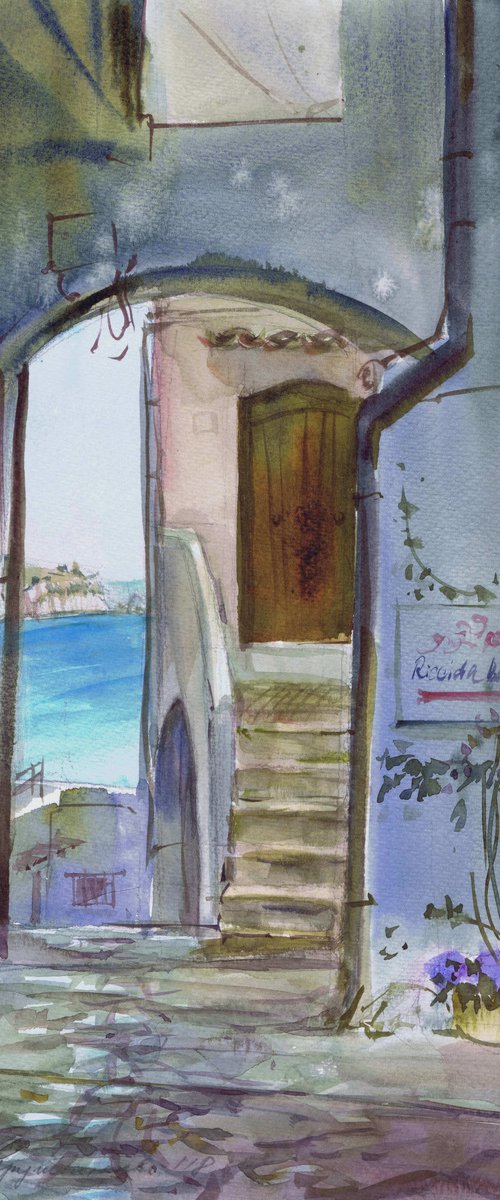 Sperlonga. Street to the sea. Watercolour by Marina Trushnikova. Landscape, A3 watercolor. by Marina Trushnikova