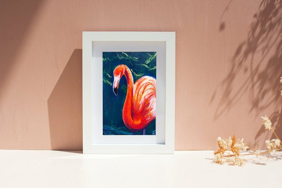 Flamingo Panting, Original Oil Pastel Drawing, Bird Illustration, Impressionist Wall Art, Colorful Room Decor