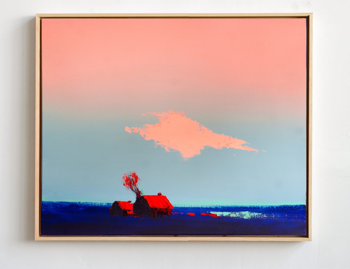 Naive Landscape Acrylic Painting By Bohdan Katolyk, 24 X 20, Pastel Cloud Ii, Original Artwork