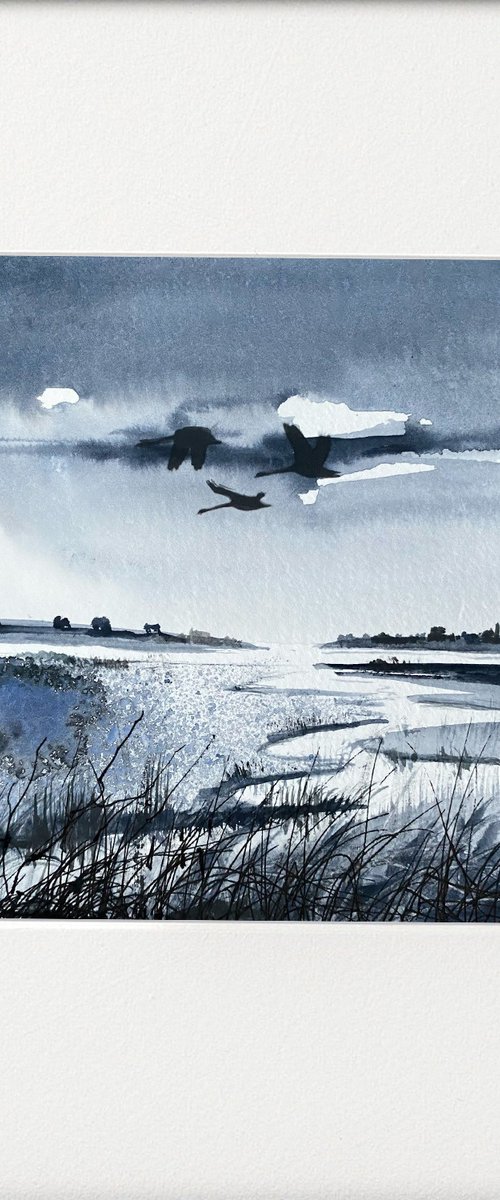 Monochrome - Swans stormy skies by Teresa Tanner
