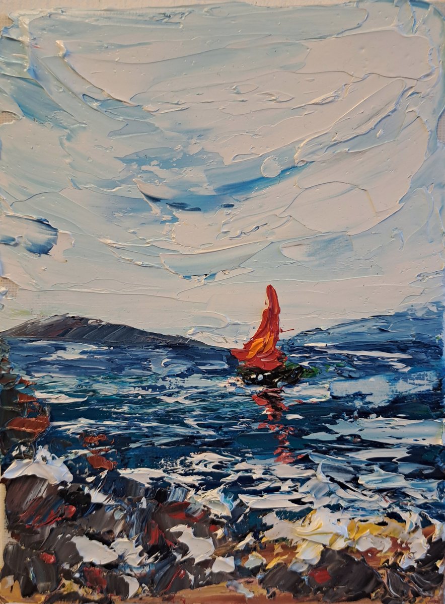 Impressionistic Landscape Oil Painting By Oksana Fedorova, 5 X 7", Seascape And Red Yacht, Original Artwork